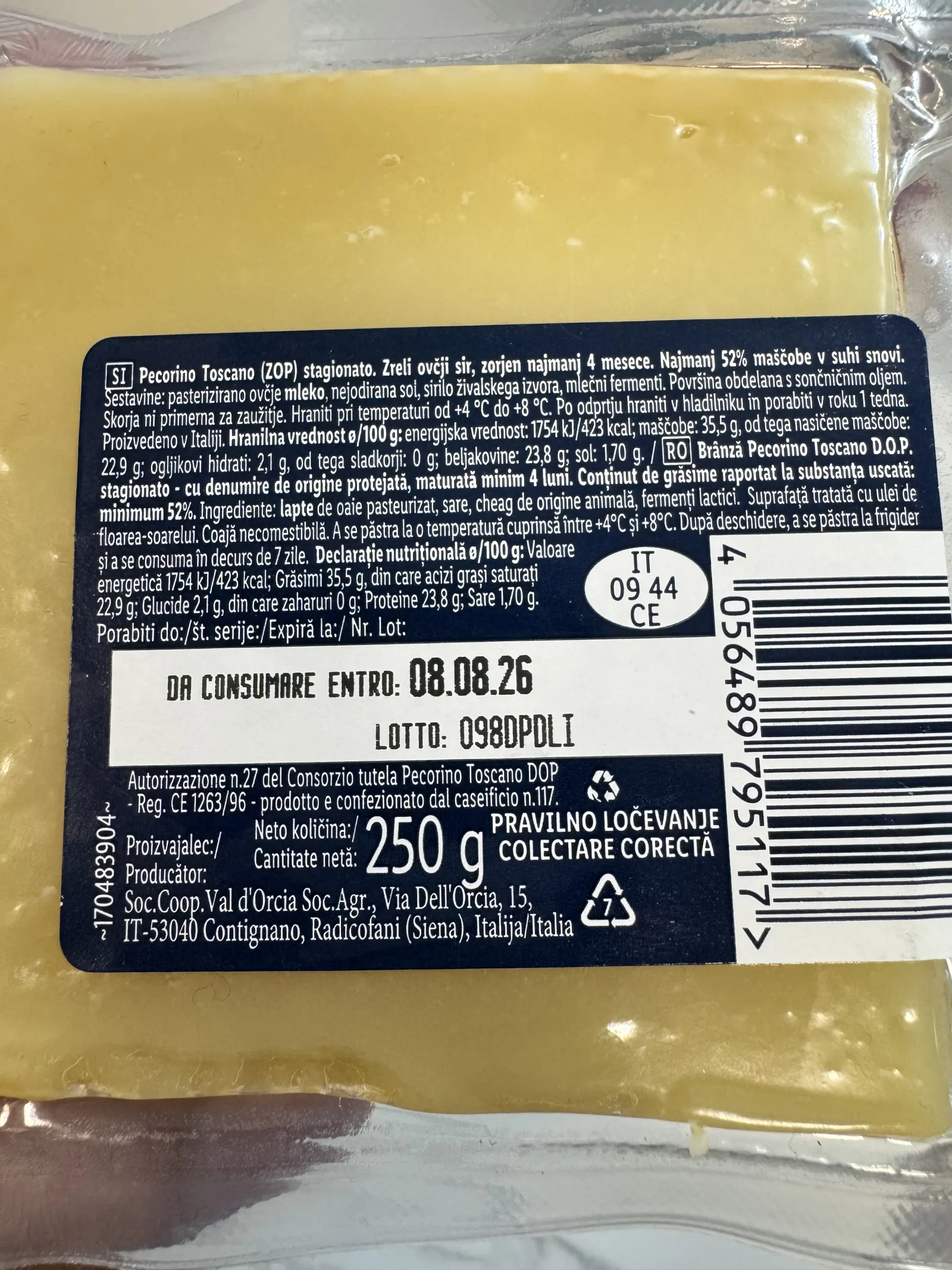 Eticheta pecorino toscano de la Lidl