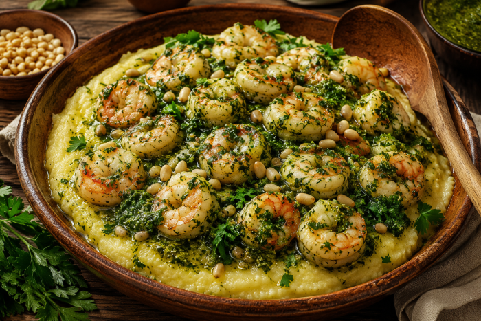 Mămăligă cu creveți și sos pesto 🍤🌿