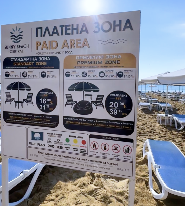 Panou cu pachetele de sezlonguri pe plaja din Sunny Beach