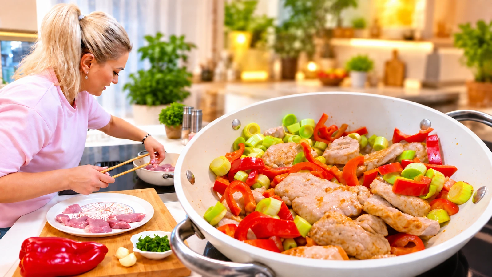Mușchiuleț de porc cu praz și sos de roșii, servit cu mămăligă 🍲
