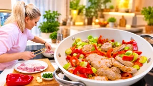 Mușchiuleț de porc cu praz și sos de roșii, servit cu mămăligă 🍲